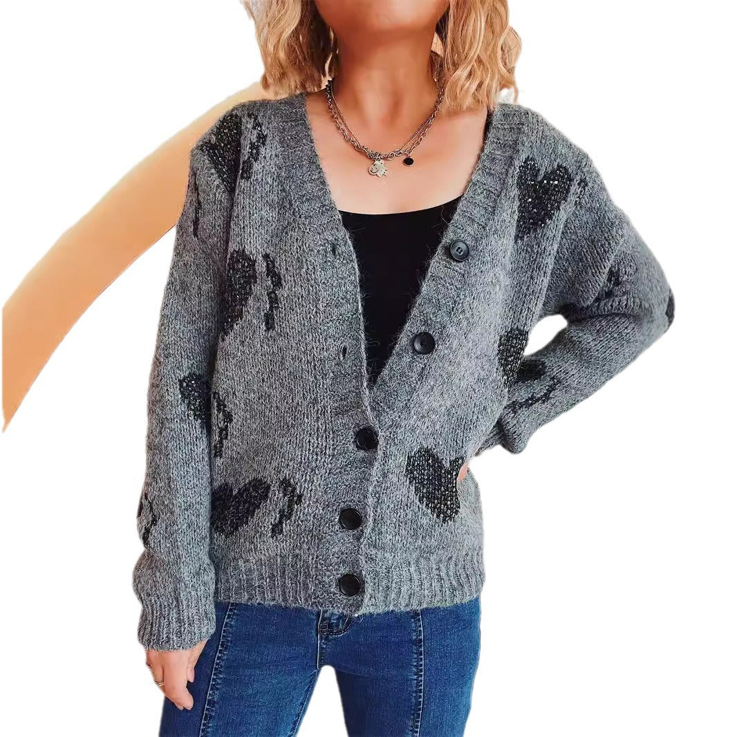 Damen gestrickte Cardigan mit Herzmuster und Knopfdetails EB