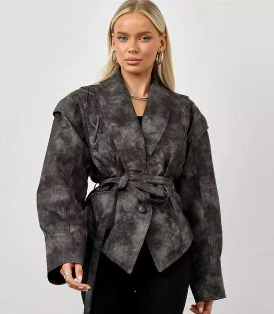 Damen modische Wildlederjacke mit tailliertem Schnitt und Bindegürtel EB