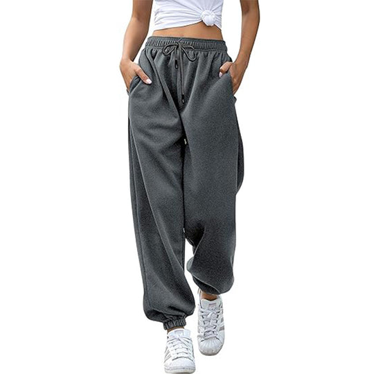 Damen nan Cozy-Sweat-Palazzohose mit hohem Komfortbund, integriertem Kordelzug und gerafften Knöchelabschlüssen EB
