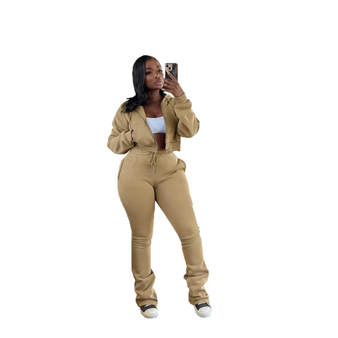 Damen nan kurz geschnittenes Zip-Hoodie und Highwaist-Jogginghose-Set mit Kordelzug und leicht gerafften Knöchelabschlüssen EB