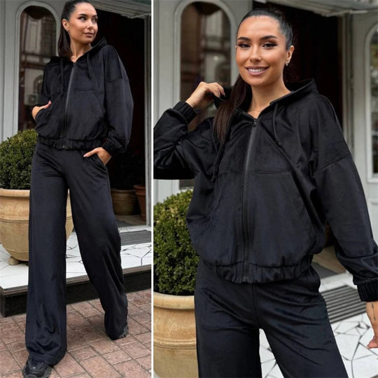 Damen Velours-Zip-Kapuzenjacke mit Marlene-Jogginghose Lounge-Set EB