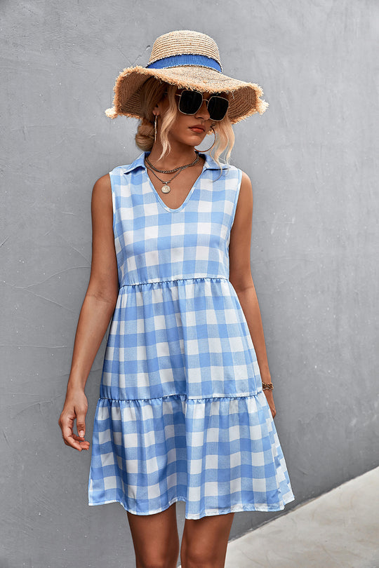 Damen V-Ausschnitt Freizeitkleid mit tierfreundlichem Karomuster und femininer Silhouette EB