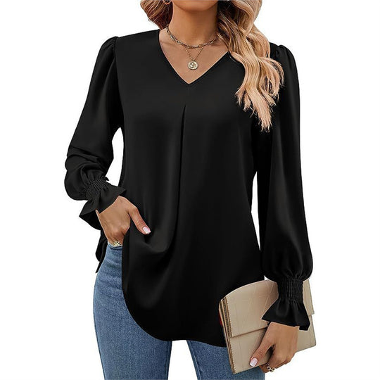 Damen fließende V-Ausschnitt Bluse mit eleganten Puffärmeln EB