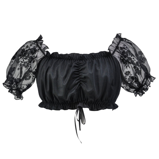 Damen nan bauchfreies Carmen Top mit geraffter Front und transparenten Puffärmeln EB