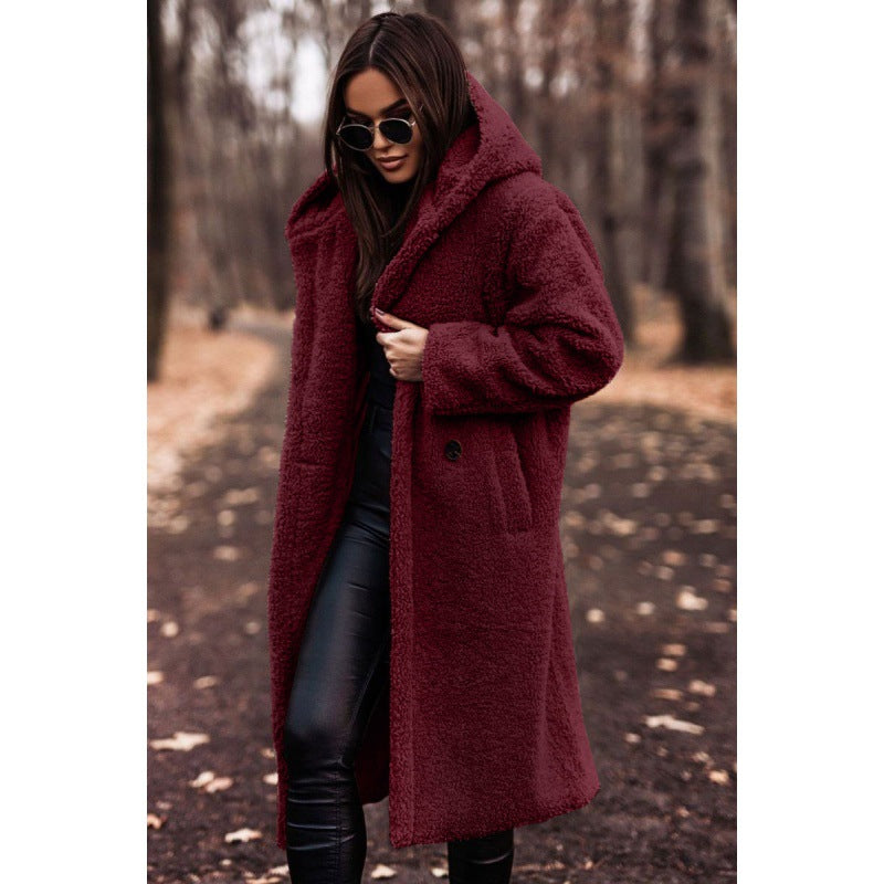 Damen kuscheliger Fleece-Mantel mit Kapuze und praktischen Taschen EB