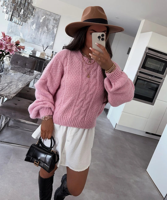 Damen Grobstrickpullover mit voluminösen Ärmeln und romantischem Zopfdesign EB