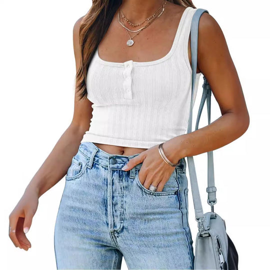 Damen figurbetontes Tanktop mit Knopfdetails und Rippenstruktur EB