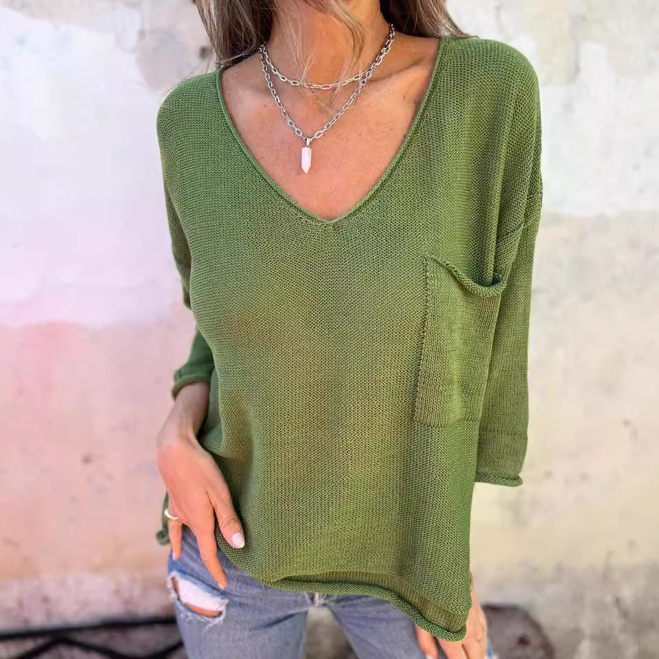 Damen legerer V-Ausschnitt Pullover mit praktischer Tasche EB