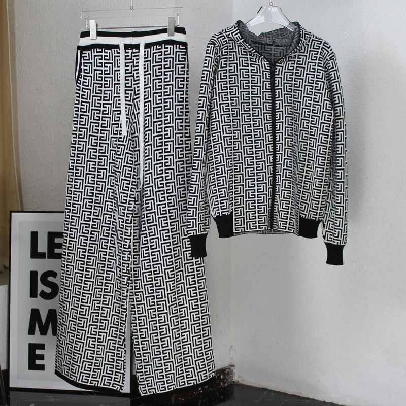 Damen modisches Strick-Loungewear-Set mit grafischem Muster EB
