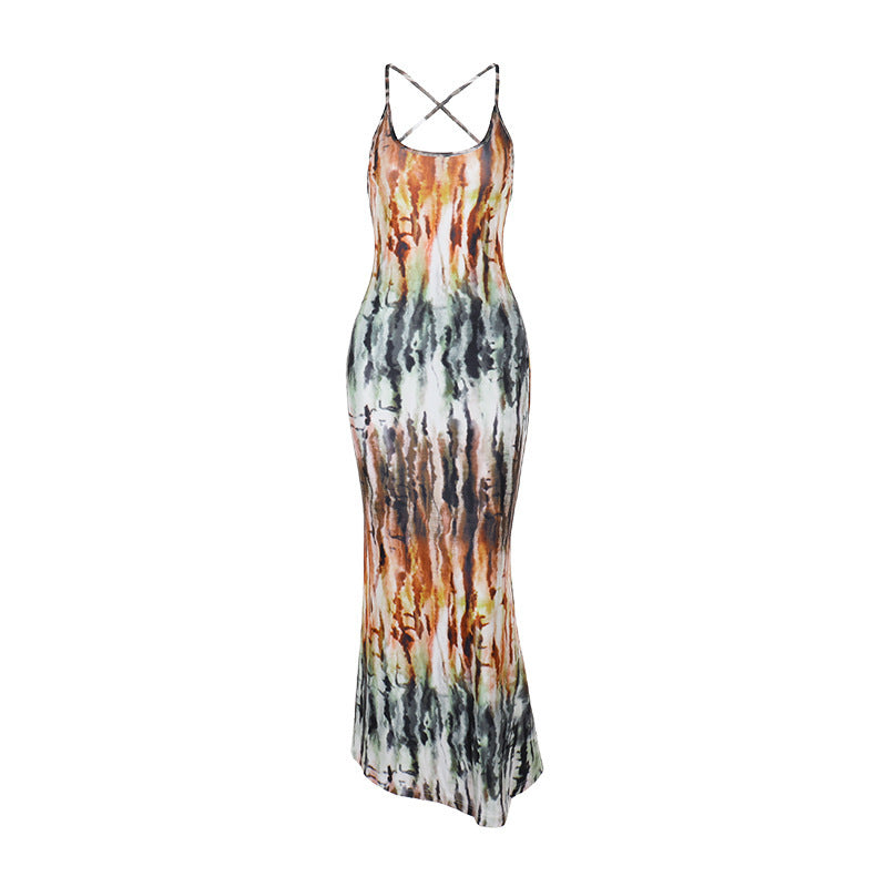 Damen Maxi-Kleid mit modischem Batikdesign und schulterfreien Trägern EB