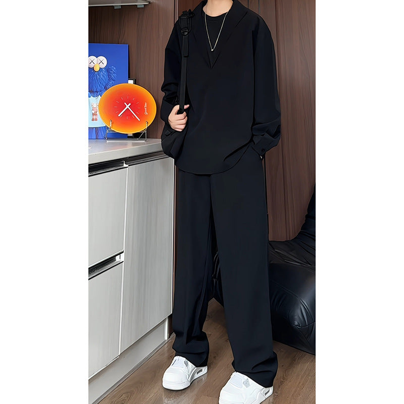 Herren nan locker geschnittenes zweiteiliges Freizeitset mit tiefem V-Ausschnitt Overshirt und weitem Bundfaltenhose EB