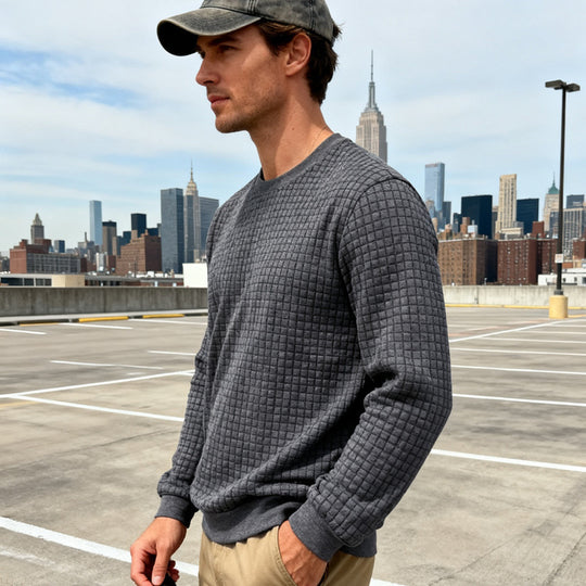 Herren nan strukturiertes Quadrat-Stepppullover mit Rundhals und elastischen Bündchen EB