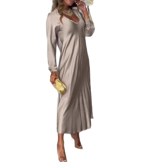 Damen elegantes Maxikleid mit tiefem V-Ausschnitt und fließendem Schnitt EB