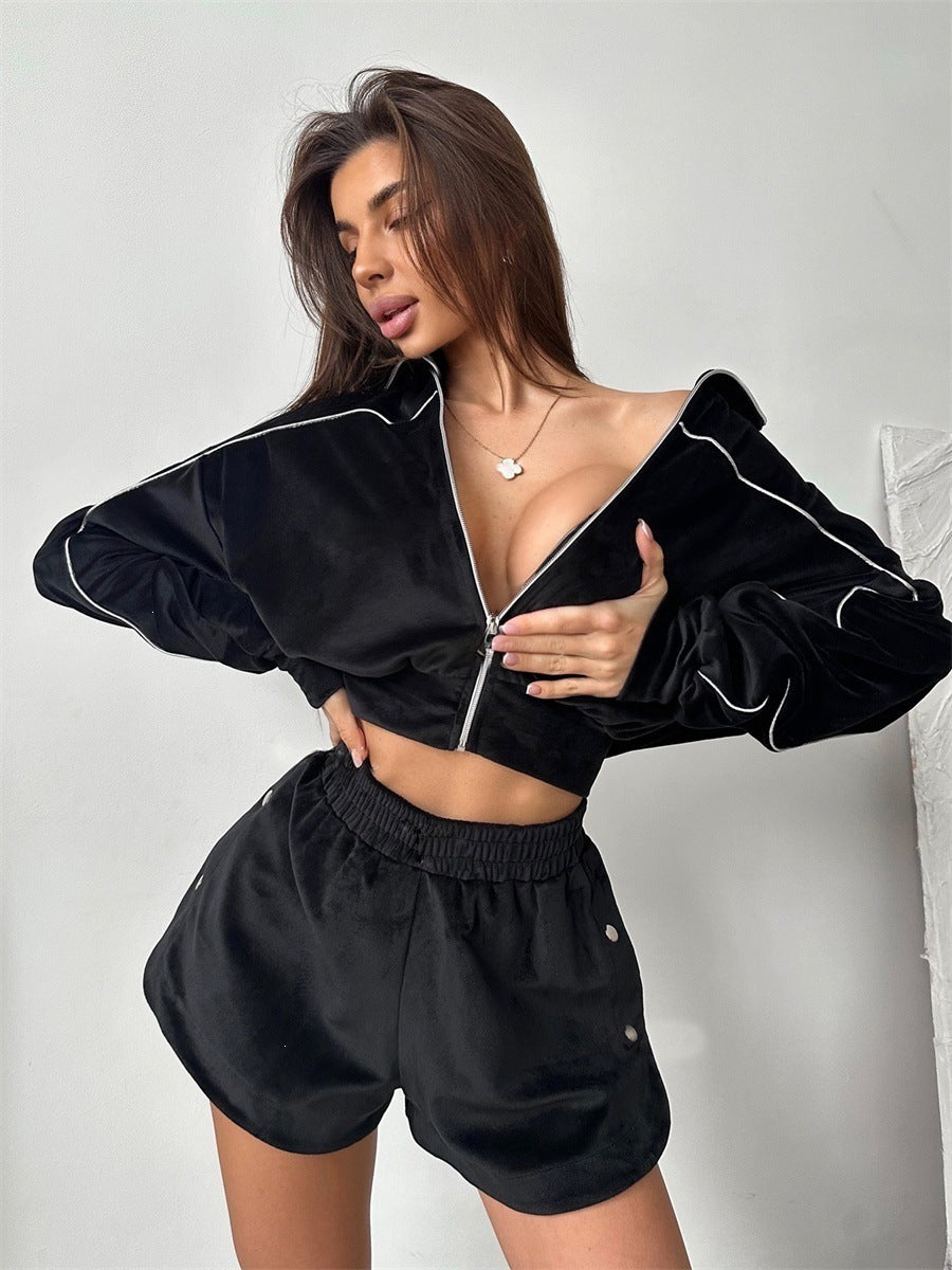 Damen nan kurzes Velours-Lounge-Set mit Cropped Zip-Hoodie und elastischer Highwaist-Shorts EB