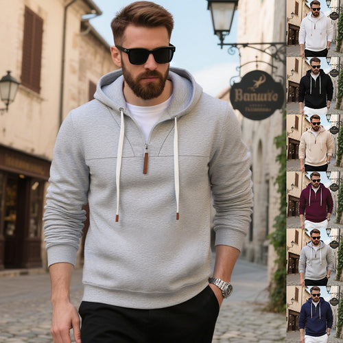 Herren nan kuscheliger Kapuzenpullover aus Fleece mit halbem Reißverschluss, Kordelzug und elastischen Bündchen EB