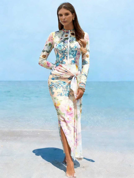 Damen Elegantes Langarm-Strandkleid mit floralem Design EB