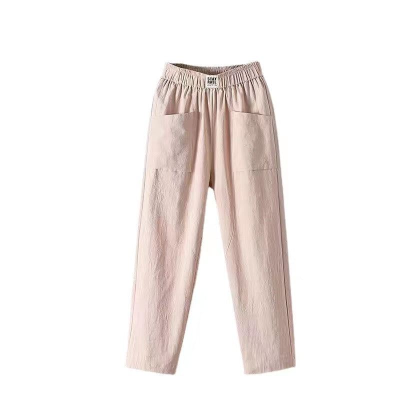 Damen nan lässige Leinenmix-Hose mit elastischem Bund, geradem Bein und großen aufgesetzten Taschen EB