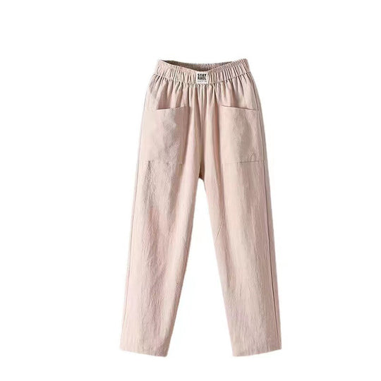 Damen nan lässige Leinenmix-Hose mit elastischem Bund, geradem Bein und großen aufgesetzten Taschen EB