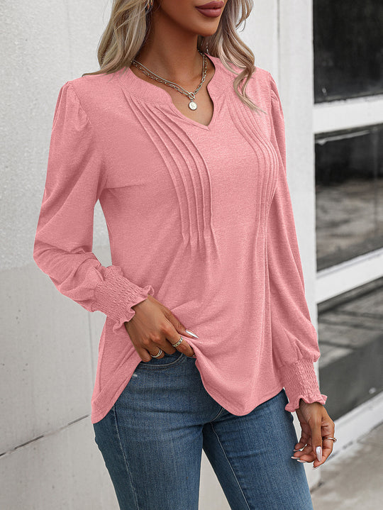 Damen nan Langarmshirt mit V-Ausschnitt, dekorativen Kellerfalten vorn und elastischen Smokbündchen EB