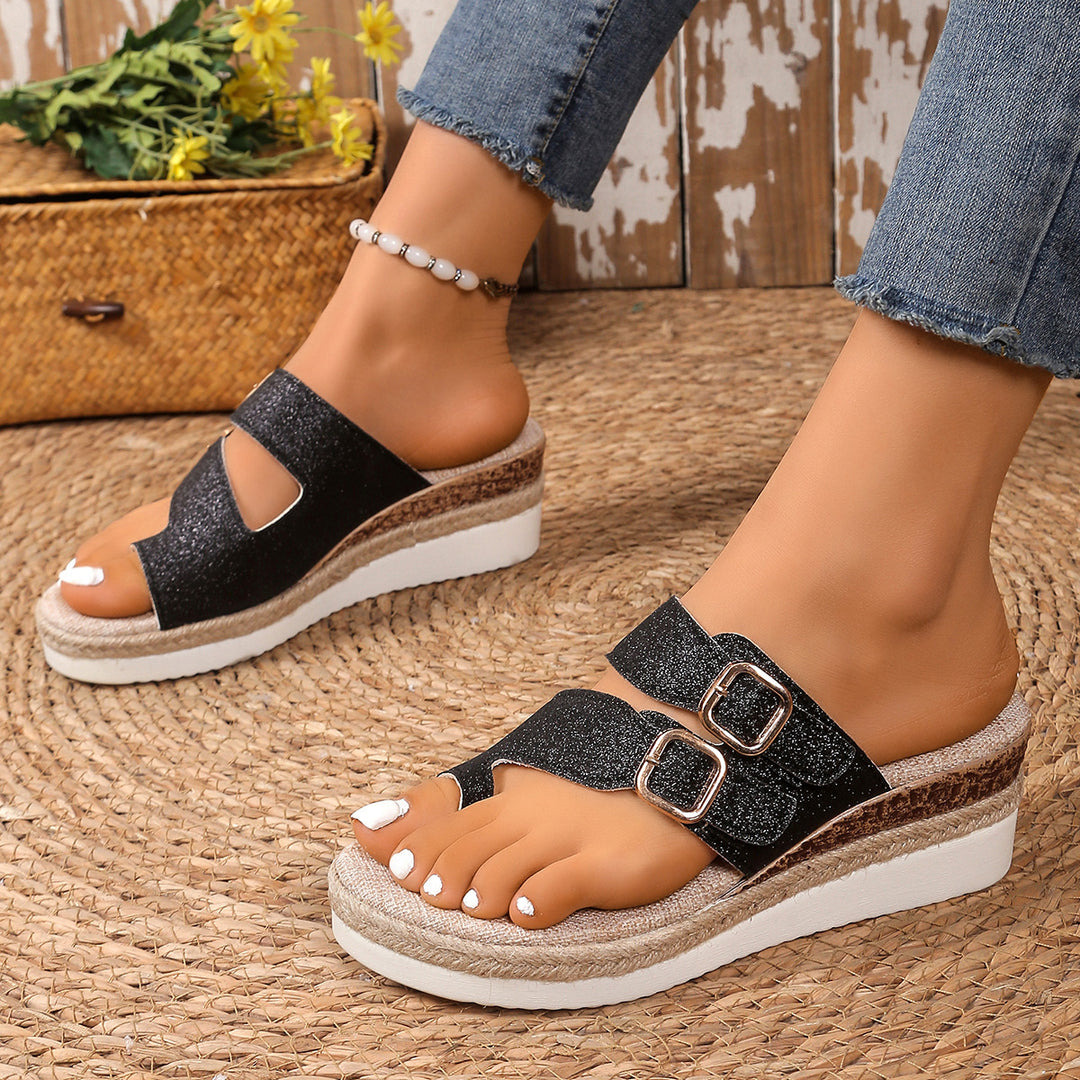 Damen Komfortable Wedge-Pantoletten mit glitzerndem Riemendesign und flexiblem Fußbett EB