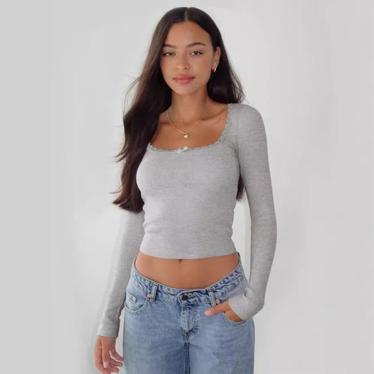 Damen Langarmshirt mit eleganter Rüsche und körpernaher Passform EB