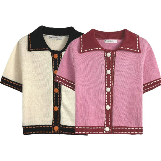 Damen Kurzarmpullover mit kontrastierenden Details EB