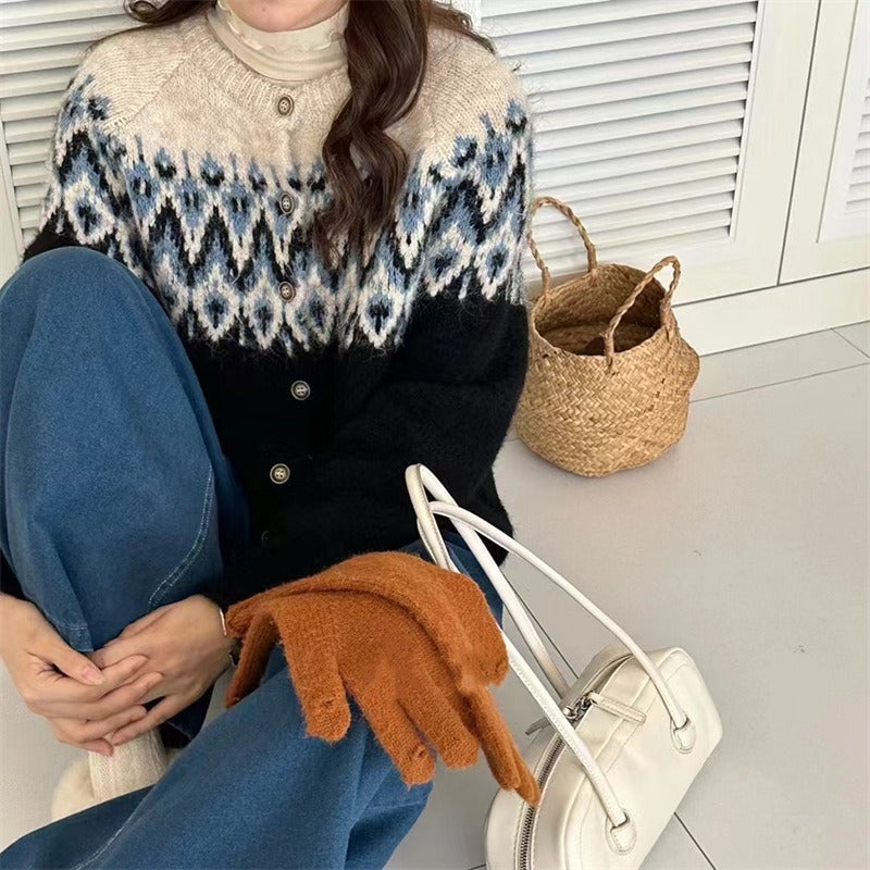 Damen Grobstrick Cardigan mit geometrischem Fair-Isle-Muster und eleganter Knopfleiste EB