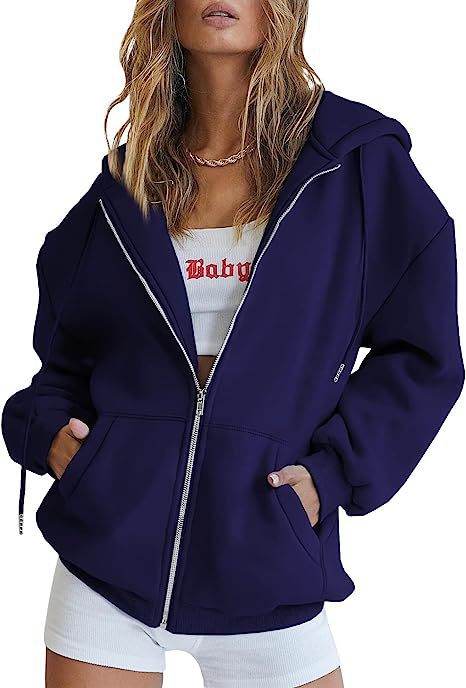 Damen nan oversized Kapuzenjacke mit durchgehendem Reißverschluss Kängurutaschen und weichem Sweatmaterial EB