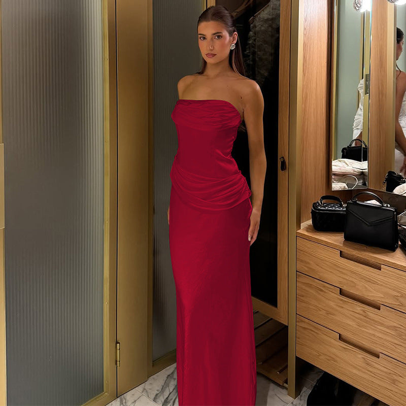 Damen elegantes Maxikleid mit raffiniertem Drapé und schulterfreiem Design EB