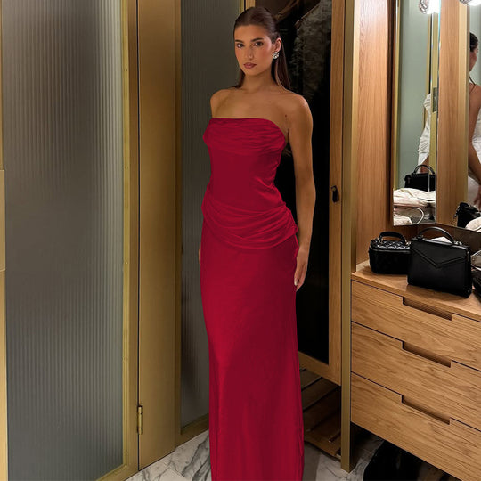Damen elegantes Maxikleid mit raffiniertem Drapé und schulterfreiem Design EB