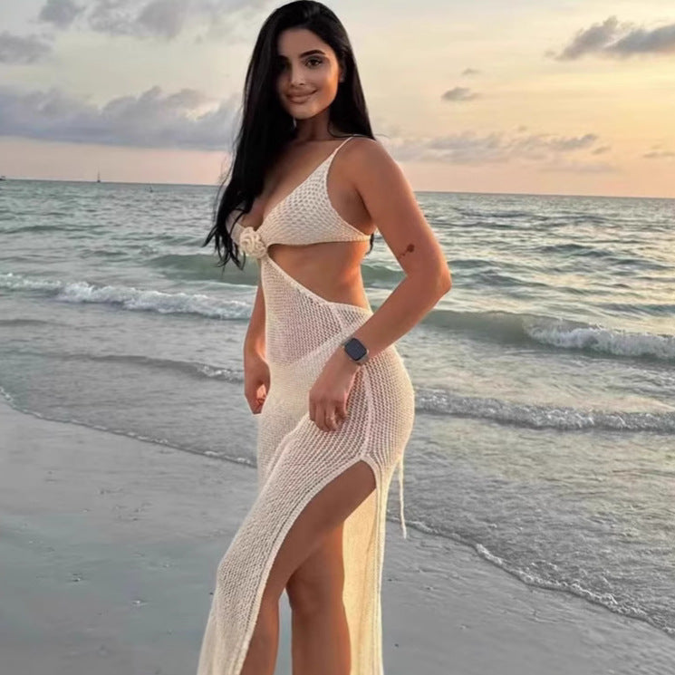 Damen Transparentes Strandkleid mit tiefem V-Ausschnitt EB