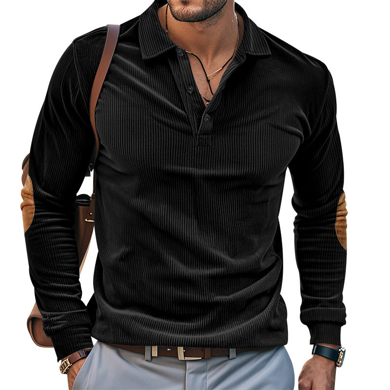 Herren lässiges Langarm-Henley-Shirt mit strukturiertem Rippenstoff und kontrastierenden Ellbogenpatches EB