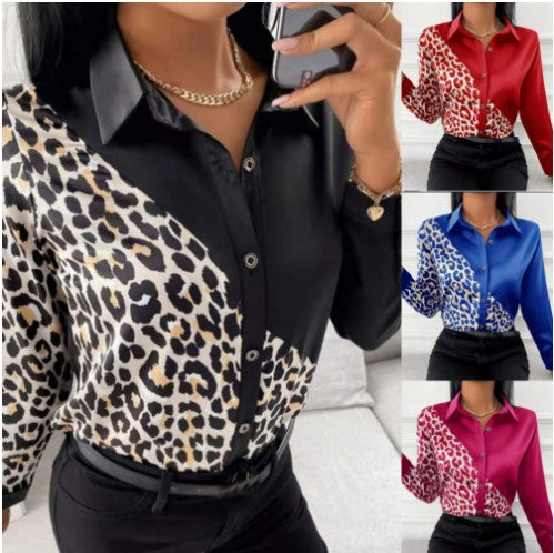 Damen Satinbluse mit asymmetrischem Leo-Design und glamouröser Knopfleiste EB