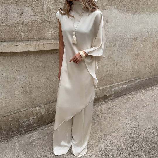 Damen Elegantes asymmetrisches Kleid mit hohem Kragen und seitlichem Schwung EB
