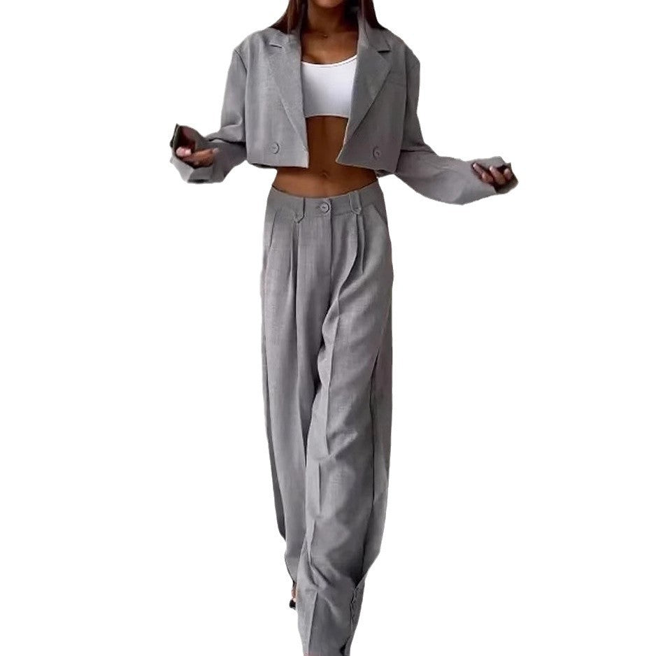 Damen modischer Zweiteiler-Anzug mit cropped Blazer und weitem Bund EB