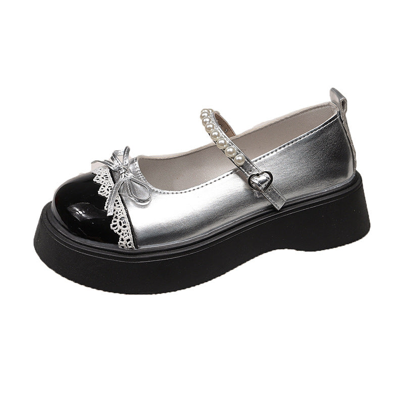 Damen Elegante Plattform-Ballerinas mit funkelnden Perlen und Schleifen-Detail EB