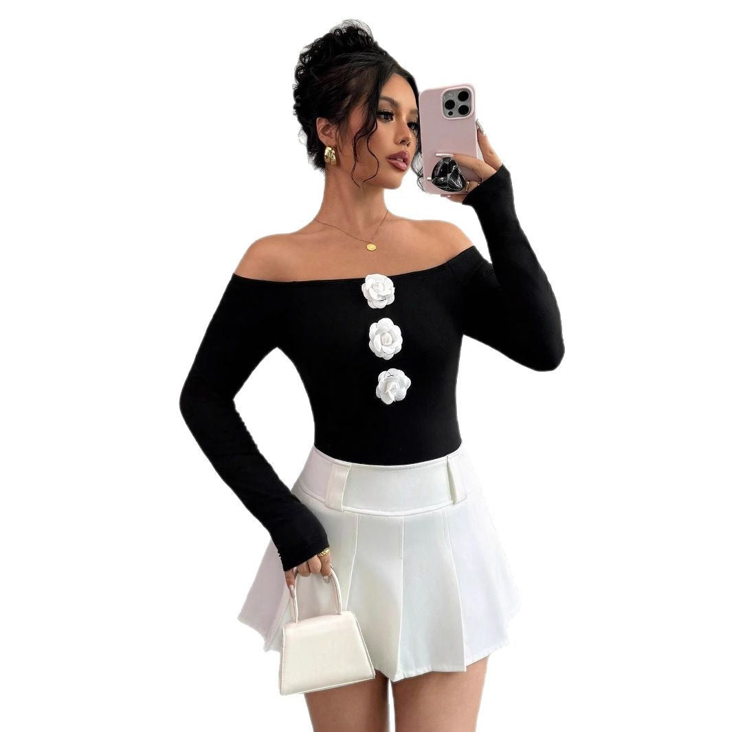 Damen Off-Shoulder Shirt mit dreidimensionalen Rosenapplikationen EB