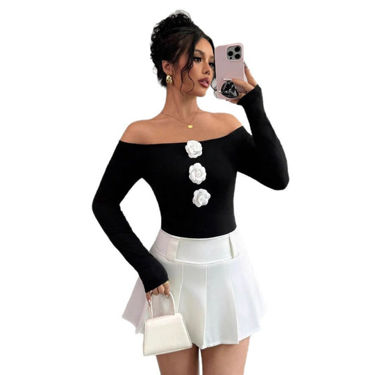 Damen Off-Shoulder Shirt mit dreidimensionalen Rosenapplikationen EB