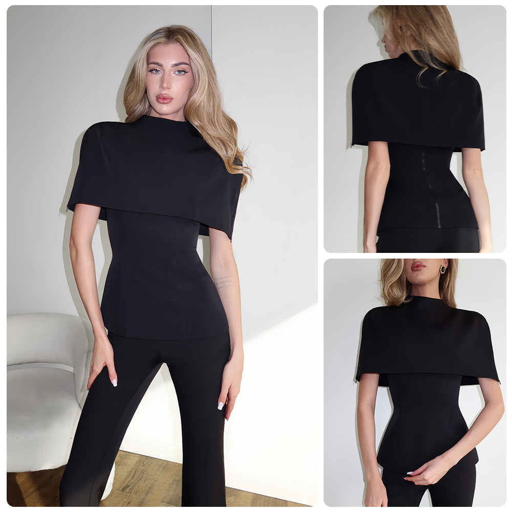 Damen Elegantes Oberteil mit schickem Cape-Ausschnitt und figurbetontem Design EB