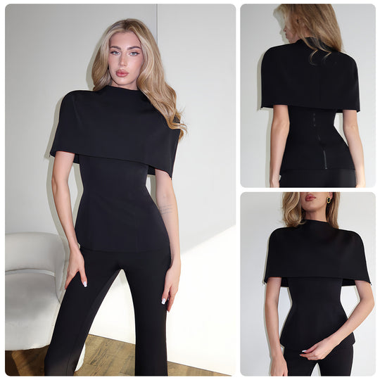 Damen Elegantes Oberteil mit schickem Cape-Ausschnitt und figurbetontem Design EB