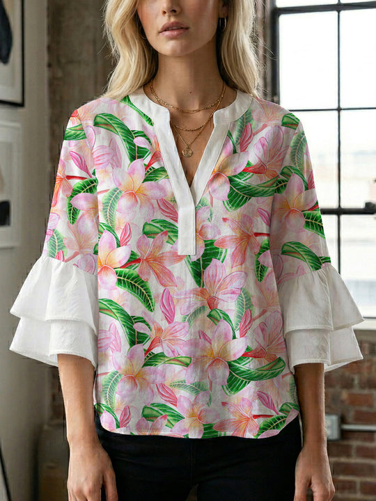 Damen Bluse mit voluminösen Rüschenärmeln und floralem Muster EB