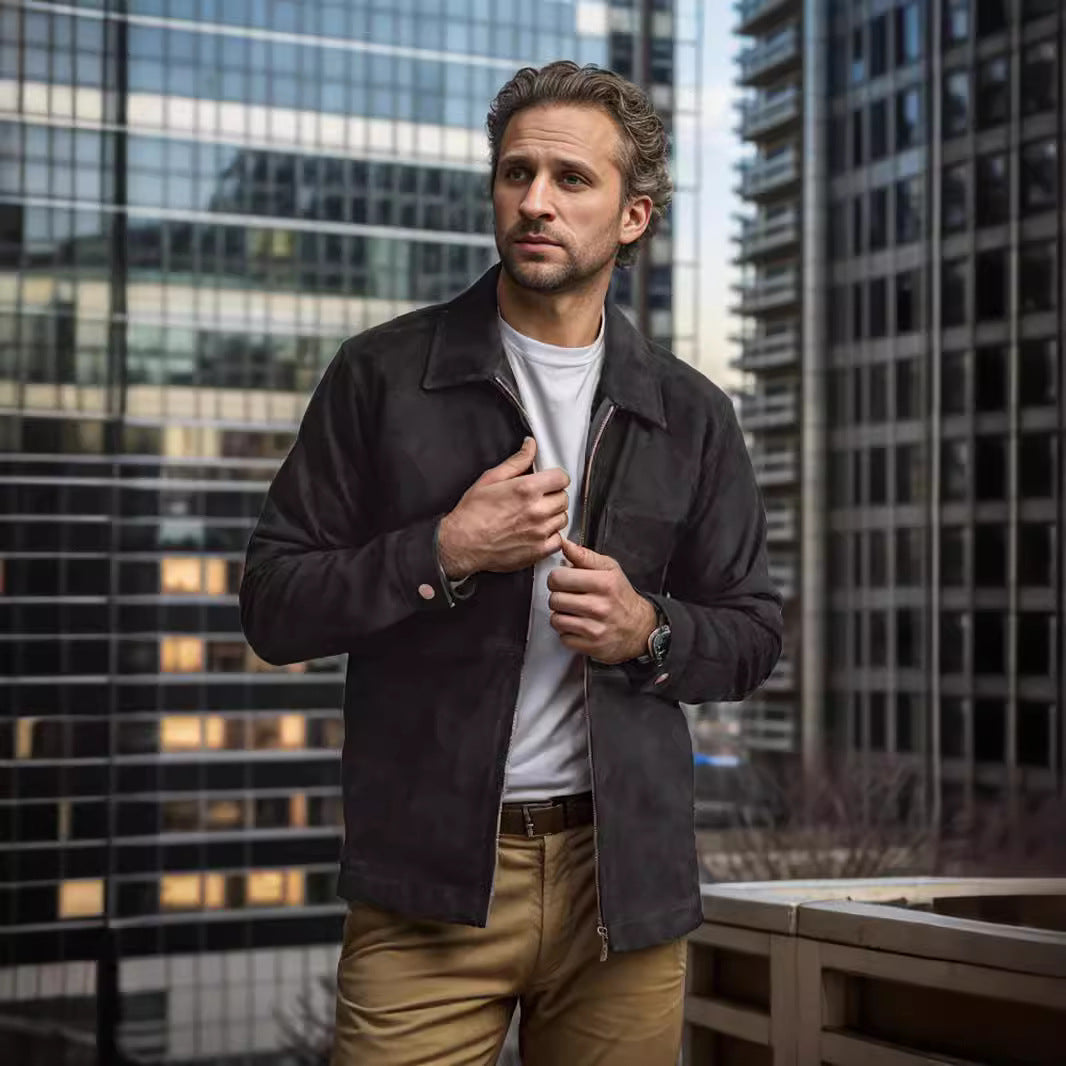 Herren modische Wildlederjacke mit Reißverschluss und Brusttasche EB
