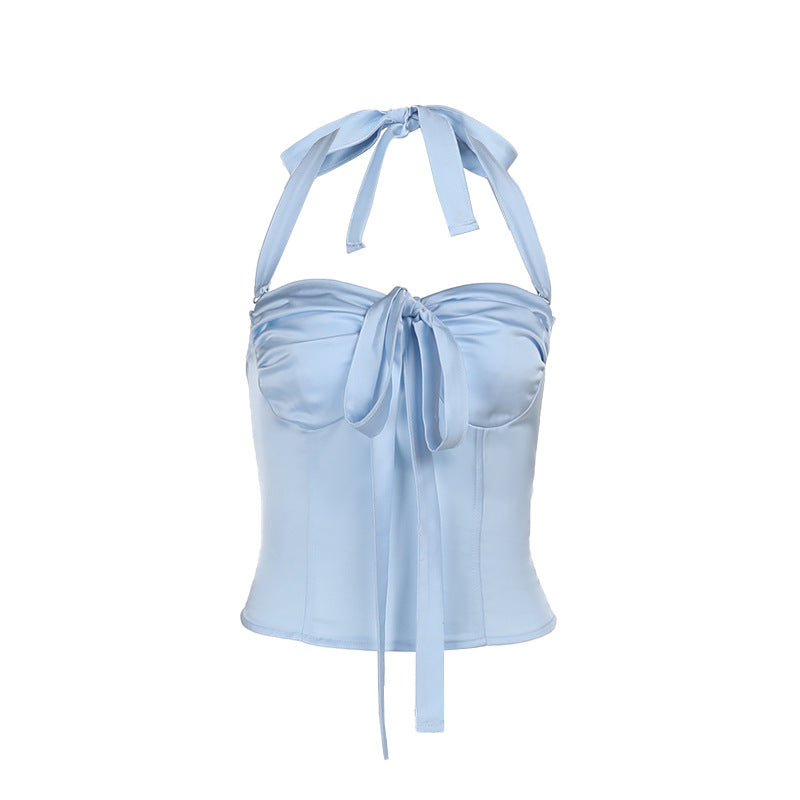 Damen Satin-Oberteil mit verspieltem Rüschendetail und dekorativem Bindeband EB