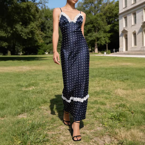 Damen Satin Nachthemd mit Spitzenapplikationen und Polka-Dots EB