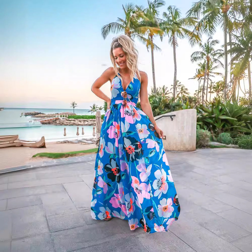 Damen Maxi-Kleid mit tiefem V-Ausschnitt und floralen Details EB