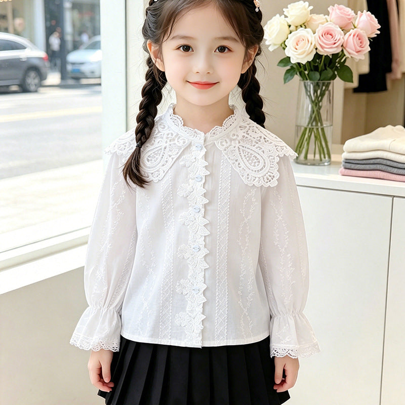Mädchen elegante Bluse mit Rüschenkragen und Spitzenakzenten EB