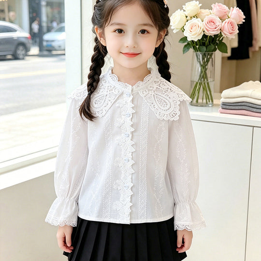 Mädchen elegante Bluse mit Rüschenkragen und Spitzenakzenten EB