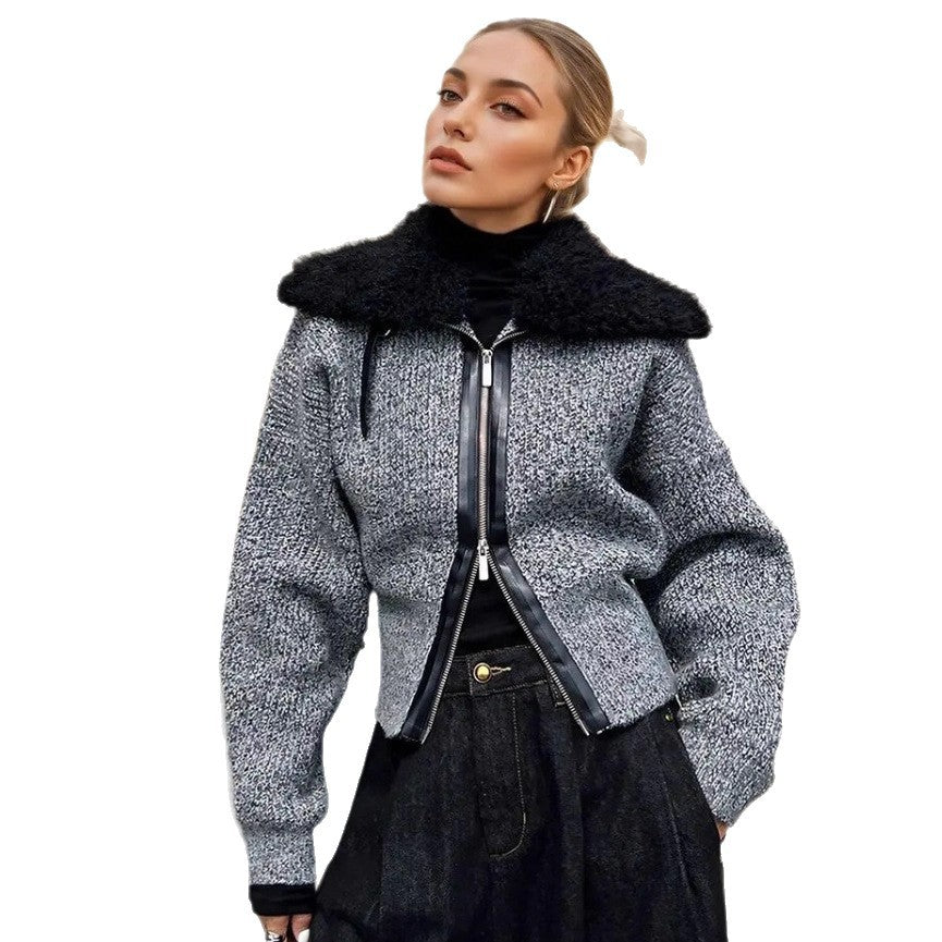 Damen Strickjacke mit kontrastierendem Kragen und seitlichem Reißverschluss EB