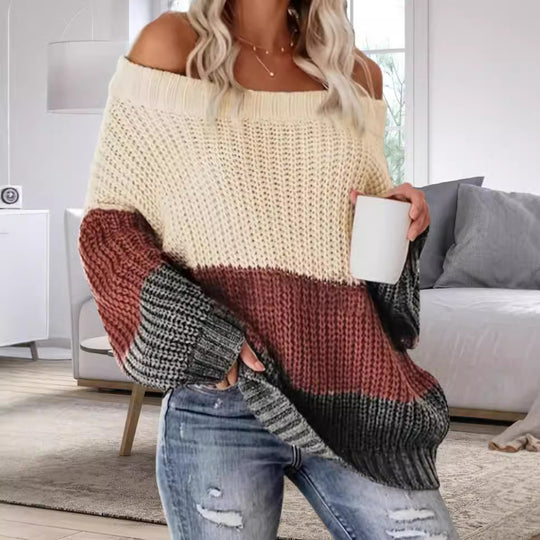 Damen Lässiger Overzise-Strickpullover mit Off-Shoulder-Ausschnitt und angesagtem Farbblockdesign EB