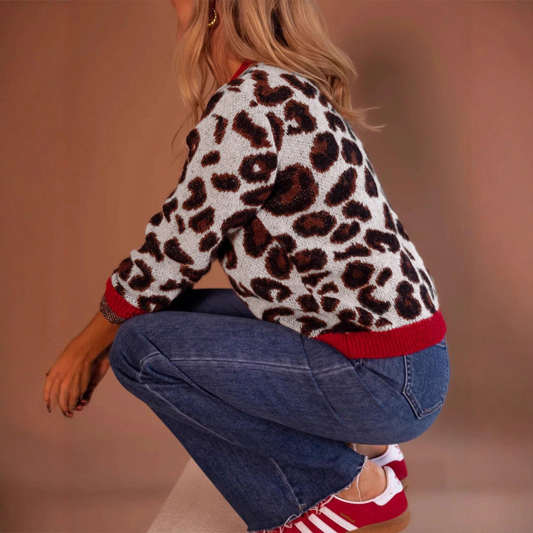 Damen modischer Pullover mit Leopardenmuster und kontrastierenden Bündchen EB
